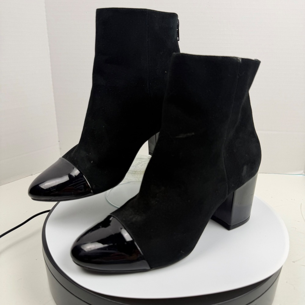 1901 Black Suede Cap Toe Ankle Boots Patent Block Heel Womens 7M Booties